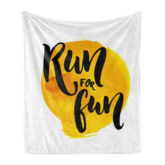 Inspirational Soft Flannel Fleece Blanket, Run for Fun Calligraphy Yellow Brushstrokes Backdrop Lifestyle Image, Cozy Plush for Indoor and Outdoor Use, 50" x 60", Black White Yellow, by Ambesonne