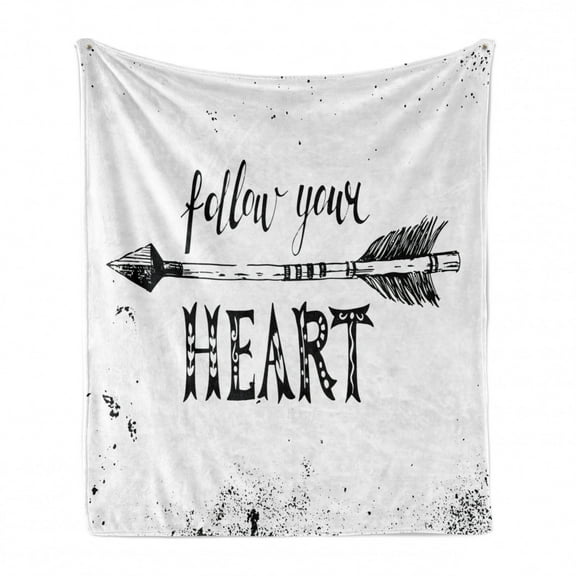 Inspirational Soft Flannel Fleece Throw Blanket, Hand-Drawn Lettering Follow Your Heart on Grungy Background, Cozy Plush for Indoor and Outdoor Use, 50" x 70", Black and White, by Ambesonne