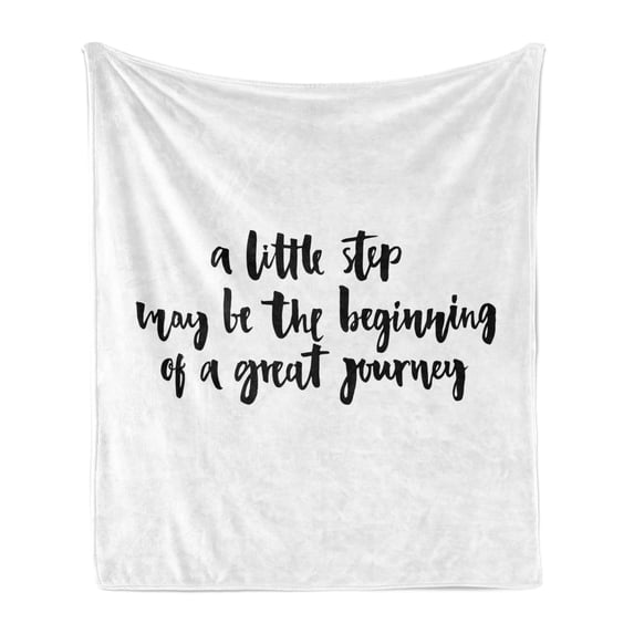 Inspirational Soft Flannel Fleece Throw Blanket, Little Step to a Journey Calligraphic Modern Text Brush Ink Style, Cozy Plush for Indoor and Outdoor Use, 70" x 90", Black and White, by Ambesonne