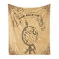thumbnail image 1 of Inspirational Soft Flannel Fleece Throw Blanket, Retro Globe Earth World with Adventure Words Boho Style Graphic, Cozy Plush for Indoor and Outdoor Use, 50" x 60", Sand Brown Black, by Ambesonne, 1 of 5