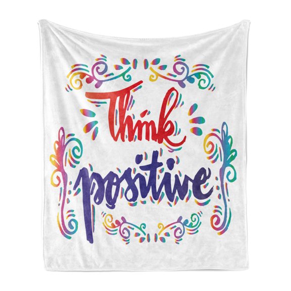 Inspirational Soft Flannel Fleece Throw Blanket, Think Positive Calligraphic Art Floral Swirls Optimistic Life Words, Cozy Plush for Indoor and Outdoor Use, 50" x 60", Multicolor, by Ambesonne