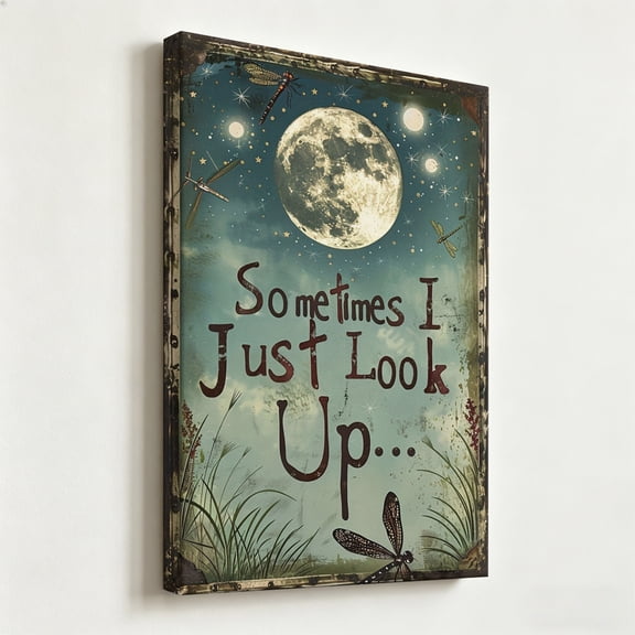 Inspirational "Sometimes I Just Look Up" Dragonfly Canvas Wall Art Whimsical Night Sky Full Moon Painting Quote Poster Retro Country Garden Decor Living Room Bedroom Canvas Prints Ready to Hang 12*16