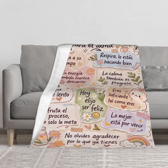 Inspirational Spanish Quotes Flannel Blanket, 280g Soft Warm Plush Throw with Positive Affirmations Floral Cat Design, Vertical Single-Sided Print Cozy Blanket for Sofa Couch Bed Decor Gift