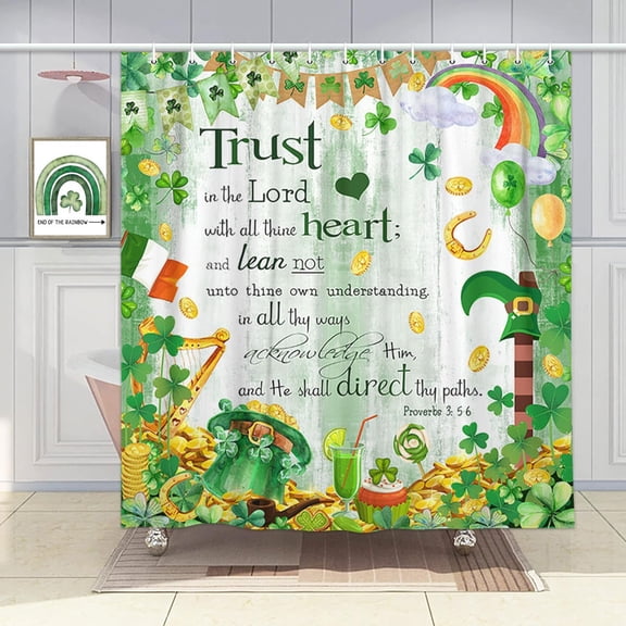 Inspirational St. Patrick's Day Shower Curtain - 72x72in Green Clover Shamrock Rustic Wooden Board Design Spring Bathroom Accessories