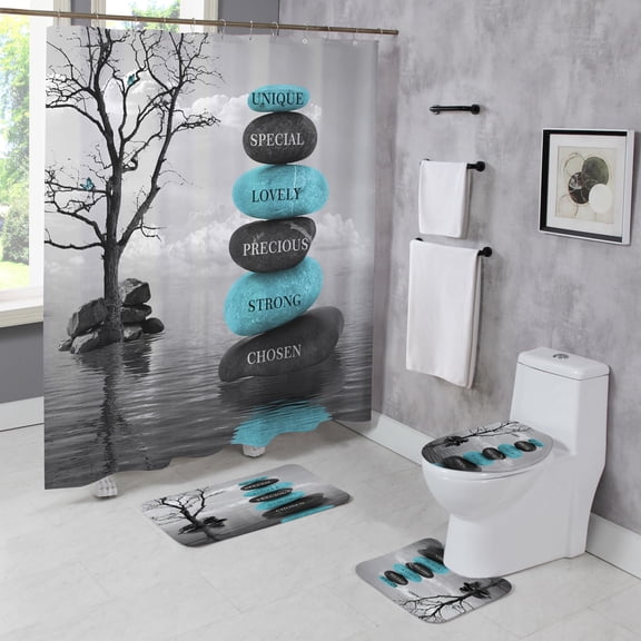 Inspirational Stacked Stones Shower Curtain Set 4PCS - Cyan Teal Grey Zen Bath Mat, Toilet Lid Cover, U-Shaped Rug for Meditation or Spa Style Bathroom Decor