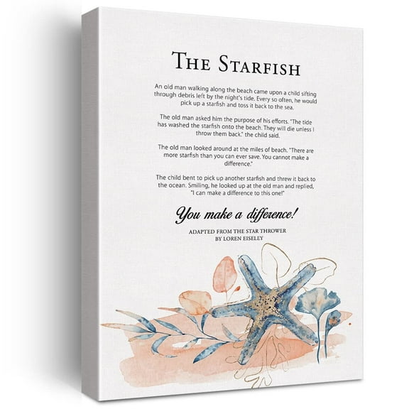 Inspirational Starfish Story Make a Difference Print Canvas Wall Art Home Office Decor Watercolor Painting Canvas Poster Framed Ready to Hang Gifts for Teachers