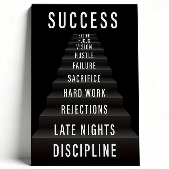 Inspirational Success Staircase Typography Canvas Wall Art, Motivational Minimalist Aesthetic Premium Matte Finish Gallery Wrapped, Corporate Home Office Decor 8*12