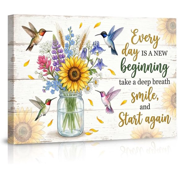 Inspirational Sunflower Hummingbird Mason Jar Wall Art Rustic Kitchen Print