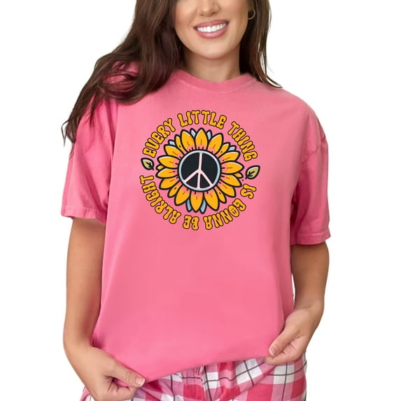Inspirational Sunflower Peace Sign T-Shirt, Positive Message Retro Tee, Every Little Thing is Gonna Be Alright Graphic Shirt, Crunchberry Comfort Colors T-Shirt, Small
