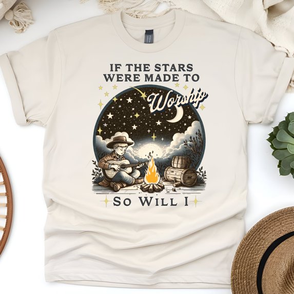 Inspirational T-Shirt – If the Stars Were Made to Worship So Will I, Campfire Praise Design, Natural, Size S