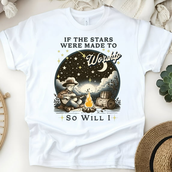 Inspirational T-Shirt – If the Stars Were Made to Worship So Will I, Campfire Praise Design, White, Size S