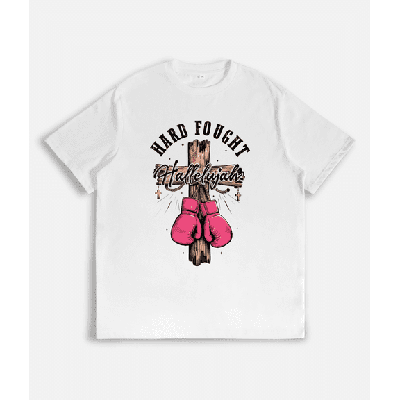 Inspirational Tee T - Shirt with "Hard Fought Hallelujah" Motif and Cross Symbol Short Sleeve Round Neck White S-5XL