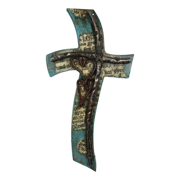 Inspirational Turquoise Double Heart Layered Artistic Fluid Curved Wall Cross