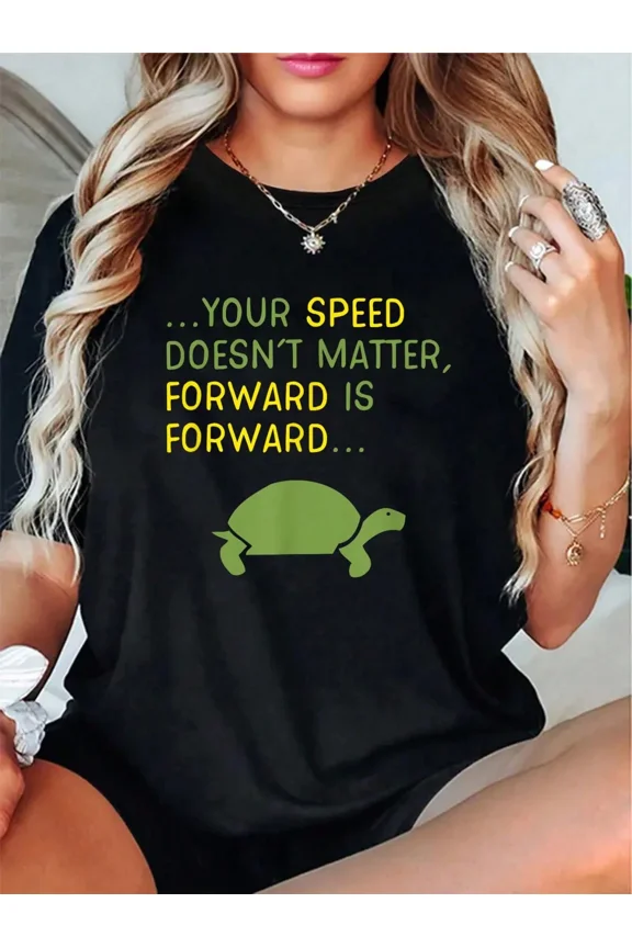Inspirational Turtle Graphic Tee - Your Speed Doesn't Matter Forward Is Forward Motivational Quote Black T-Shirt - Retro Cute Animal Lover Apparel for Women