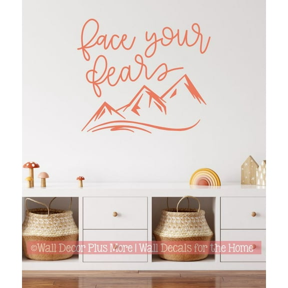 Inspirational Vinyl Decals Face Your Fears Mountain Art - Quote Decals for Wall - Die-Cut Vinyl Wall Art for Camper, Classroom, Kids Room Decor - Wall Decals Quotes Motivational -23x20- Inch, Coral
