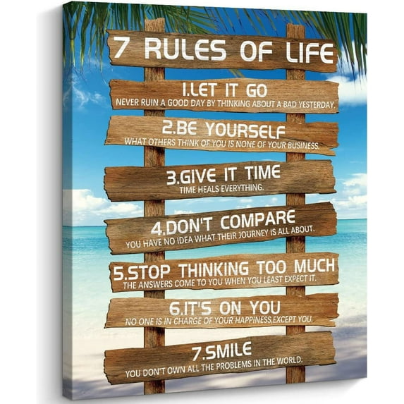 Inspirational Wall Art - 7 Rules of Life Motivational Canvas Wall Decor Beach Positive Quotes Living Room Rustic Framed Art Gift for Bedroom Bathroom (12 x 15 inch, Brown - 7 Rules)
