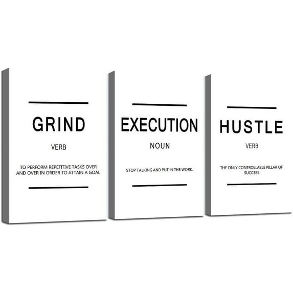 Inspirational Wall Art - Framed Canvas Wall Art,Grind Slogan,Success Quotes, Office Wall Art, White Large Poster, Positive Motivational, Execute Poster (C-3pcs,12x16inchx3pcs)