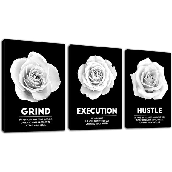 Inspirational Wall Art Grind Execution Hustle Wall Decor Motivational Positive Quotes Pictures White Flowers Canvas Painting Artwork for Workplace Office Home Wall Decorations Set of 3 12x16in
