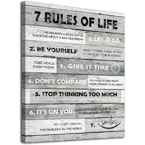 Inspirational Wall Art Motivational Quotes 7 Rules of Life Canvas Prints Wooden Board Canvas Painting Grey Quotes Canvas Picture for Bathroom Bedroom Home Office Wall Decor Framed 12" X 16"