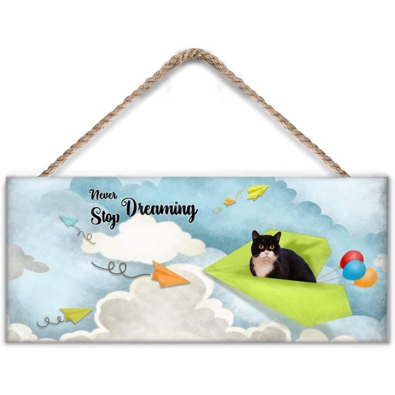 Inspirational Wall Art -Never Stop Dreaming,Black Cat - Balloon Decor - Paper Airplane Motivational Poster Gifts for Kids Bedroom Bathroom Classroom Rustic Wall Sign 6x12 Inches