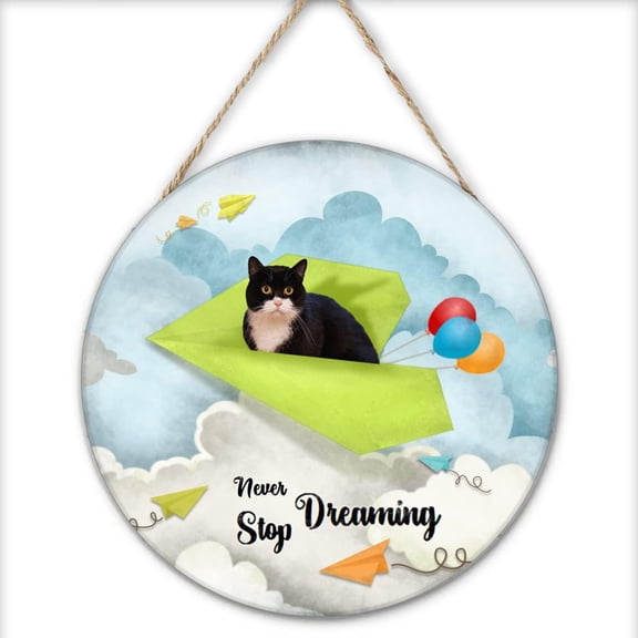 Inspirational Wall Art -Never Stop Dreaming,Black Cat Shabby Chic Round Sign for Kid's Bedroom Classroom Nursery 12x12 Inches Wooden Door Hanger
