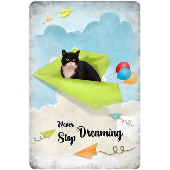 Inspirational Wall Art -Never Stop Dreaming,Black Cat Vintage Tin Sign- Balloon Decor - Paper Airplane Motivational Poster Gifts for Kids Bedroom Bathroom Classroom Rustic Wall Sign 12x8 Inch