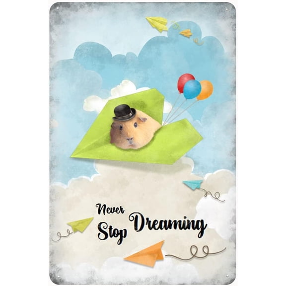 Inspirational Wall Art -Never Stop Dreaming,Hamster Vintage Tin Sign- Balloon Decor - Paper Airplane Motivational Poster Gifts for Kids Bedroom Bathroom Rustic Wall Sign 12x8 Inch