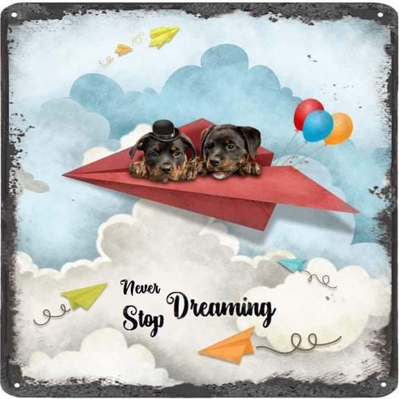 Inspirational Wall Art -Never Stop Dreaming,Puppy Dachshund Dog Vintage Tin Sign- Balloon Decor - Paper Airplane Motivational Poster Square Sign 12x12 Inches