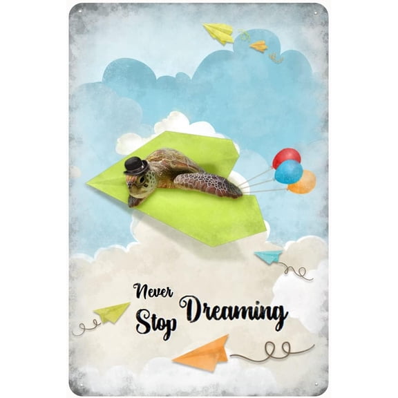 Inspirational Wall Art -Never Stop Dreaming,Sea Turtle Vintage Tin Sign- Balloon Decor - Paper Airplane Motivational Poster Gifts for Kids Bedroom Bathroom Classroom Rustic Wall Sign 12x8 Inch