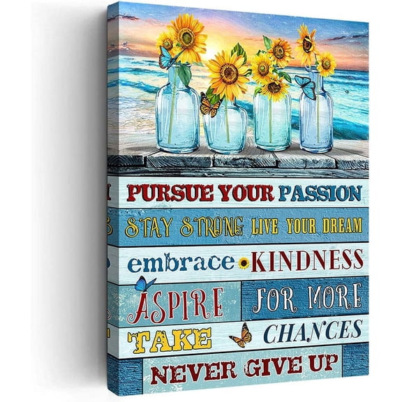 Inspirational Wall Art For Office Never Give Up Motivational Quotes Wall Decor Beach Sunshine And Sunflower Painting Picture Artwork Canvas Wall Art For Bathroom Living Room Home Decor 12x18 Inch