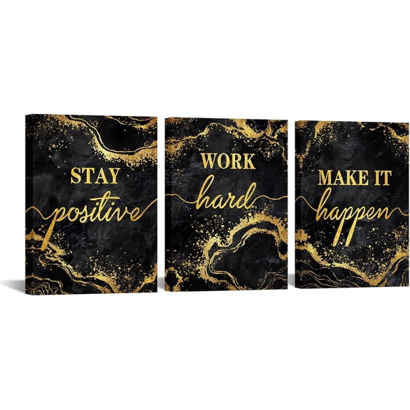Inspirational Wall Art Stay Positive Work Hard Make It Happen Office Wall Decor Motivaional Encouraging Canvas Prints Black and Gold Pictures Decoration (Black)