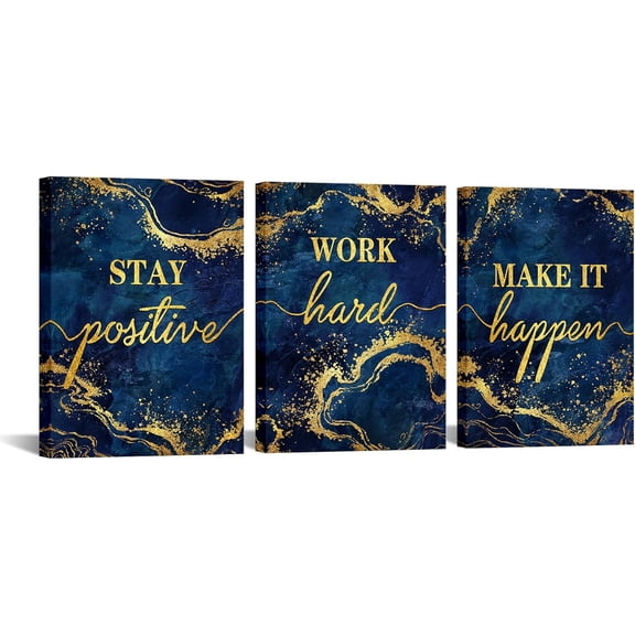 Inspirational Wall Art Stay Positive Work Hard Make It Happen Office Wall Decor Motivaional Encouraging Canvas Prints Blue and Gold Pictures Decoration (Blue)