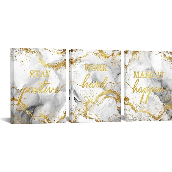 Inspirational Wall Art Stay Positive Work Hard Make It Happen Office Wall Decor Motivaional Encouraging Canvas Prints Grey and Gold Pictures Decoration (Grey)