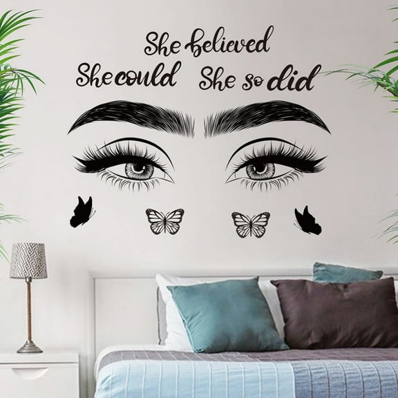 Inspirational Wall Decal Quotes Eyelash Eyes Wall Stickers Motivational Word Letter Decals She Believe She Could So She Did Wall Art Positive Sayings Sticker for Women Girls Bedroom Living Room Decor