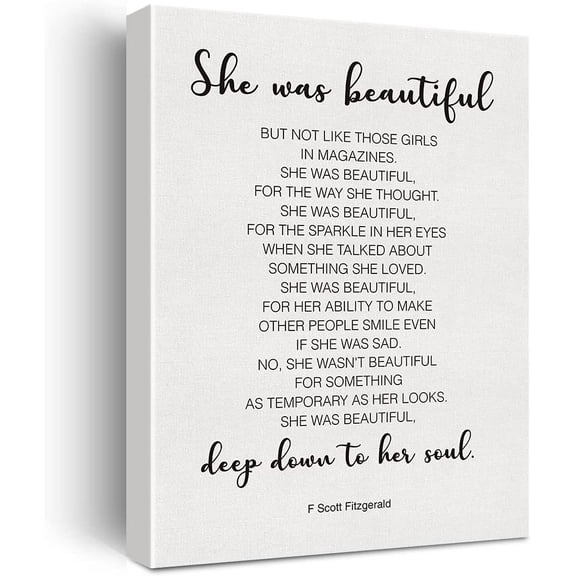Inspirational Wall Decor She Was Beautiful F. Scott Fitzgerald Quote Canvas Painting Prints for Home Dining Room Living Room Wall Decor Framed Artwork Gifts(12x15 Inch)