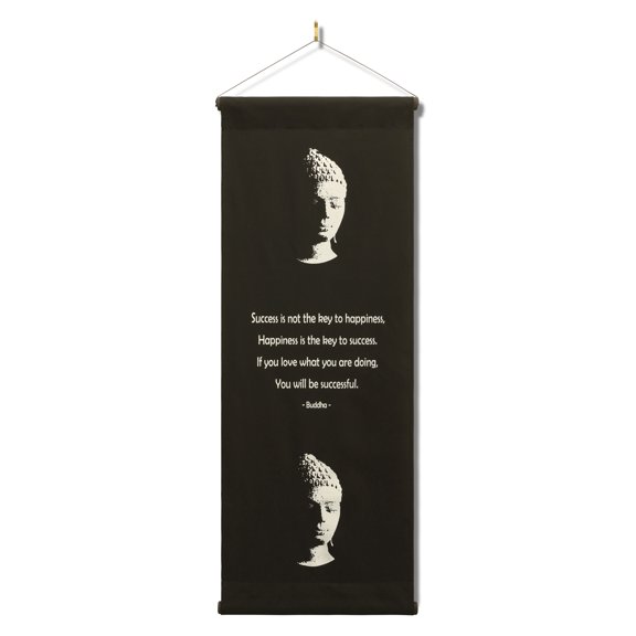 Inspirational Wall Hanging Scroll "Buddha - Success Is Not The Key To Happiness" Banner, Inspiring Quote, Motivational Uplifting, Thought Tapestry Color: Black
