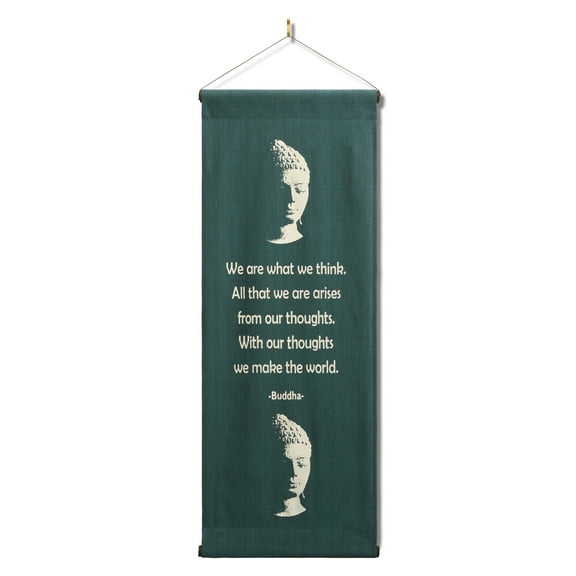 Inspirational Wall Hanging Scroll, "Buddha - We Are What We Think" Banner, Inspiring Quote Affirmation Motivational Uplifting Thought Saying Tapestry Color: Blue