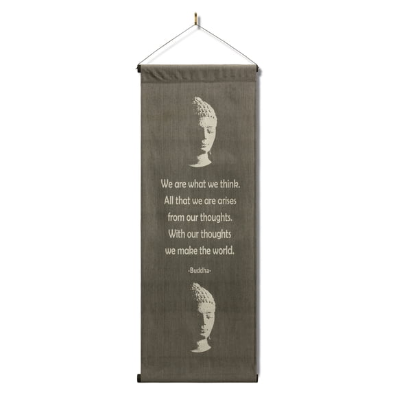 Inspirational Wall Hanging Scroll, "Buddha - We Are What We Think" Banner, Inspiring Quote Affirmation Motivational Uplifting Thought Saying Tapestry Color: Gray