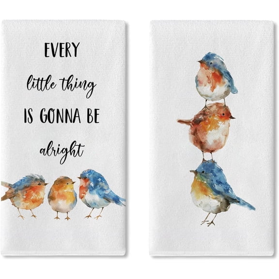 Inspirational Watercolor Bluebird Kitchen Dish Towels Set of 2, Every Little Thing is Gonna Be Alright Birds Drying Hand Towel Baking Cooking Cloth, Spring Summer Bathroom Home Decor 18''x26''
