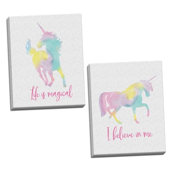 Inspirational Watercolor-Style "I Belive In Me" and "Life Is Magical" Unicorn Set by Tara Reed; Two 11x14in Hand-Stretched Canvases