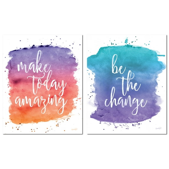 Inspirational Watercolor-Style Purple, Red and Teal "Make Today Amazing" and "Be The Change"; Two 11x14in Unframed Paper Posters
