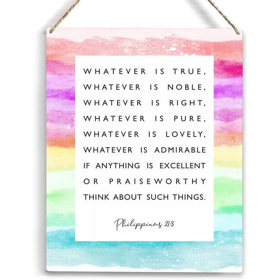 Inspirational Whatever is Noble Bible Verse Wood Sign Rustic Philippians 218 Watercolour Rainbow Christian Wooden Hanging Plaque for Home Nursery Wall Art Decoration 8x10 Inch Present