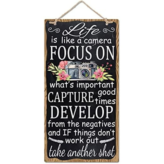 Inspirational Word Wood Sign Plaque Life is Like a Camera Motivational Sayings Hanging Wall Sign Camera Pattern Wall Decor with Jute Twine for Home Art Decor Wall 9.8x5.1 Inch