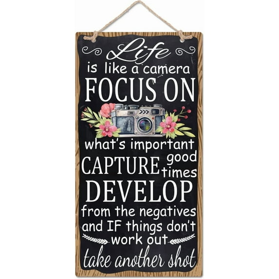 Inspirational Word Wood Sign Plaque Life is Like a Camera Motivational Sayings Hanging Wall Sign Camera Pattern Wall Decor with Jute Twine for DIY Home Art Decor Wall 9.8x5.1 Inch