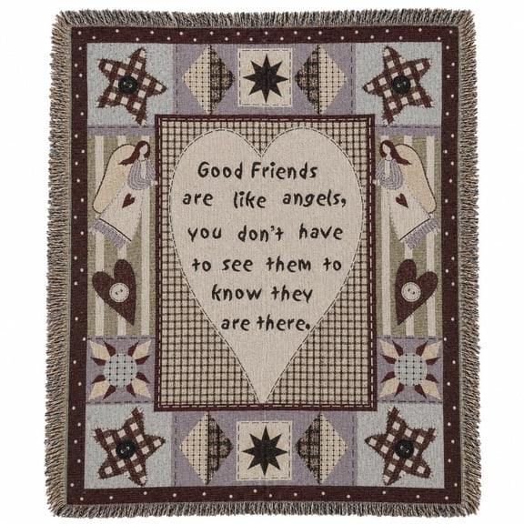 Inspirational Woven Cotton Throw Blanket with Fringe, Friendship Angel Design