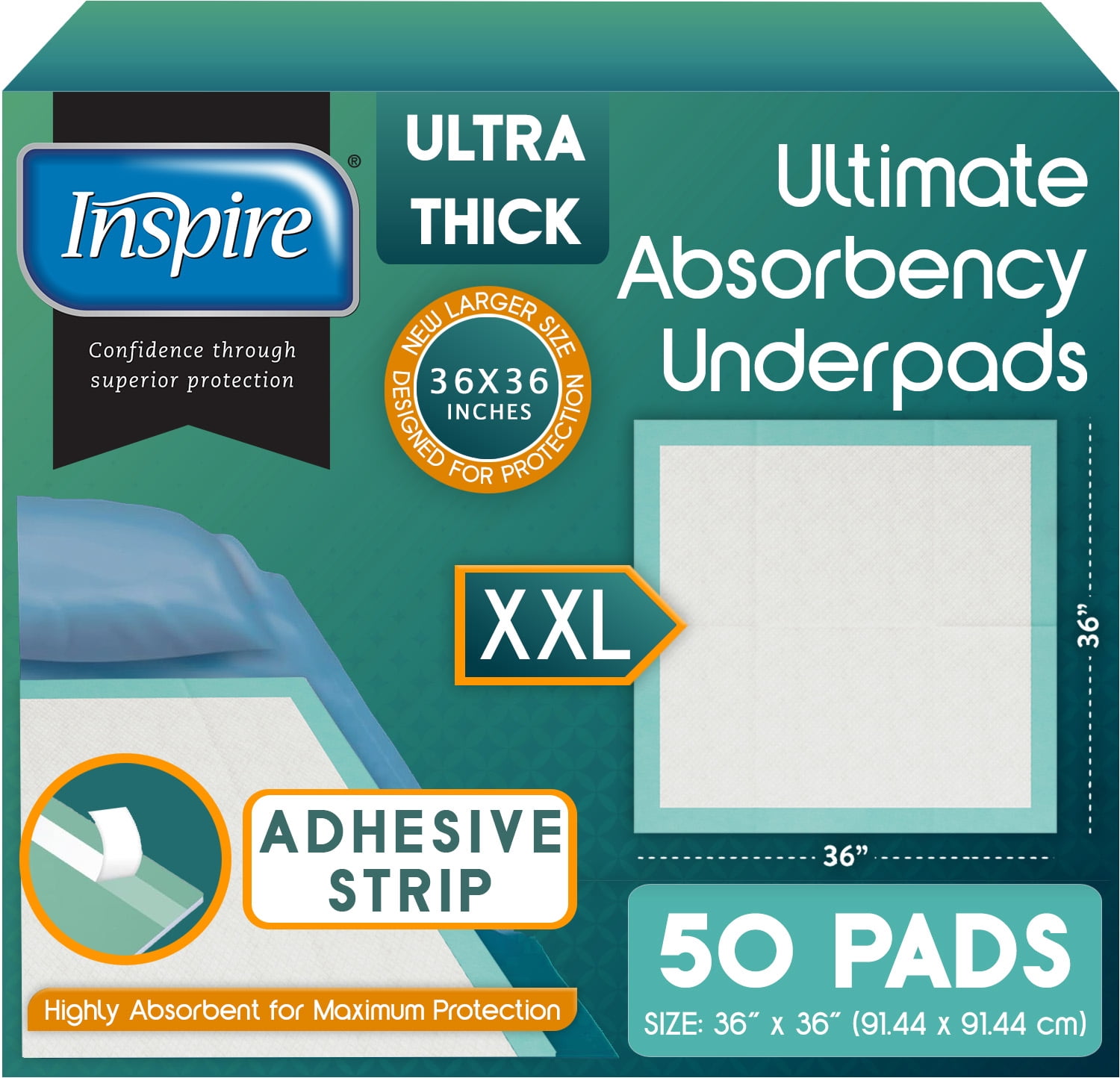 Inspire Super and Ultra Absorbent Disposable Bed Pads for Chronic Incontinence (36" X 36" Pack of 50 With Adhesive)