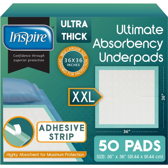 Inspire Super and Ultra Absorbent Disposable Bed Pads for Chronic Incontinence (36" X 36" Pack of 50 With Adhesive)