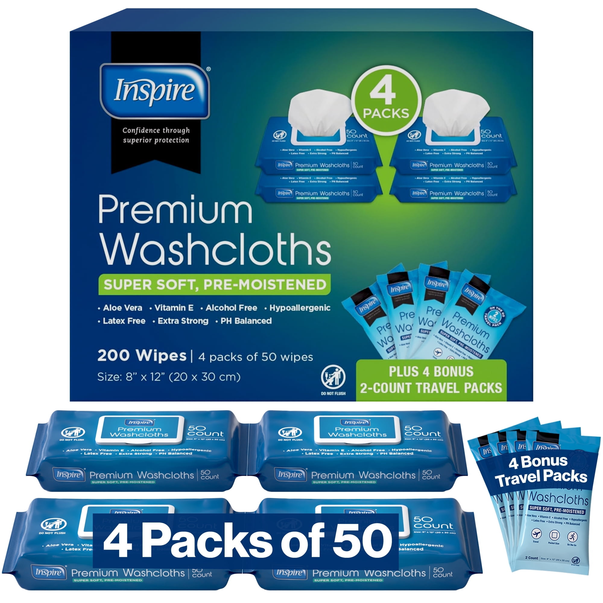 Inspire Adult Wet Wipes, Adult Wash Cloths Extra Large, Adult Wipes for Incontinence & Cleansing, 8"x12", 200 ct