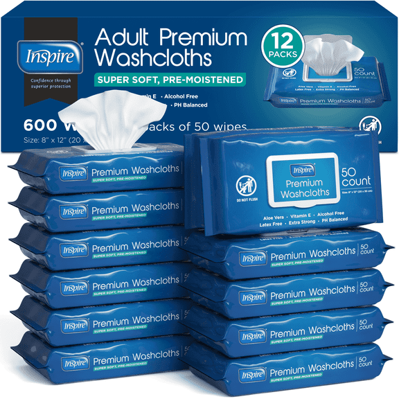 Inspire Adult Wet Wipes Adult Wash Cloths Extra Large, Adult Wipes for Incontinence & Cleansing, 8"x12", 600 Count, 12 Packs of 50