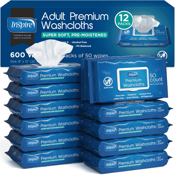 Inspire Adult Wet Wipes Adult Wash Cloths Extra Large, Adult Wipes for Incontinence & Cleansing, 8"x12", 600 Count, 12 Packs of 50